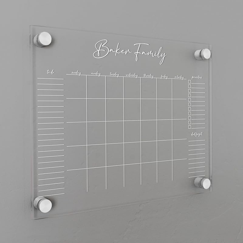 Personalized Clear Acrylic Calendar for Wall, Calendar Whiteboard for Wall, Dry Erase Wall Calendar, Wall Calendar Organizer System for Home (Cursive, White, 14"W x 11"H)-DeskLoop Office
