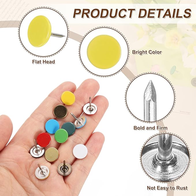 uxcell 120Pcs Push Pins, 11mmx17mm Round Flat Head Decorative Thumb Tacks Upholstery Tacks for Cork Board Office Wall Hangings, Light Yellow-DeskLoop Office
