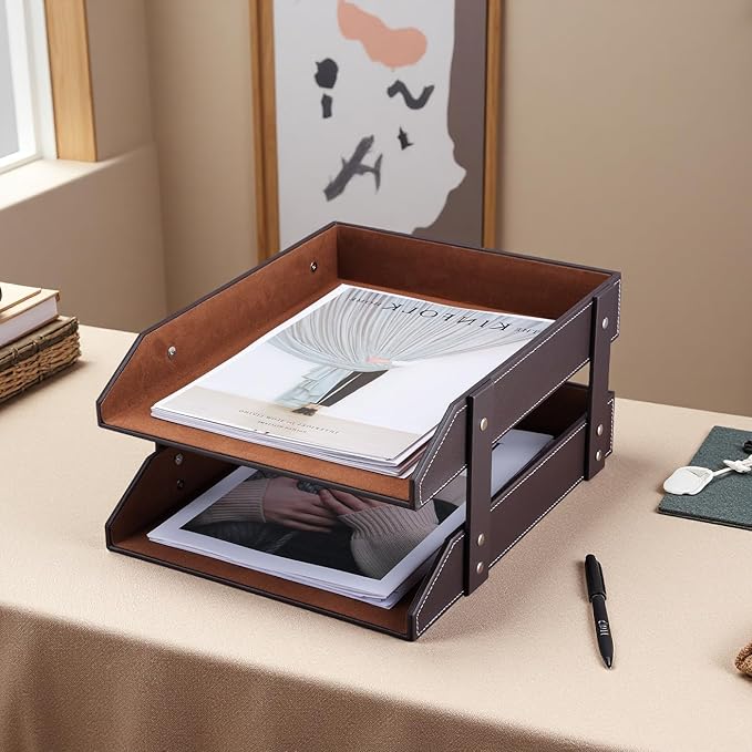 KINGFOM Letter Tray, Leather Paper Organizer Tray, Wooden Desk File Holder, Desktop File, Stackable Magazine Holder, Mail Sorter, Great for Home or Office - 2 Level Brown-DeskLoop Office