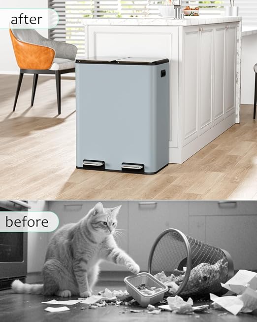 16 Gal (2 x 30 L) Dual Trash Can, Stainless Steel Kitchen Garbage Bin, Recycle Dustbin with Odor Control Box, Soft-Close Lid, Inner Buckets, Side Handle, Step Pedal, for Home Office-DeskLoop Office