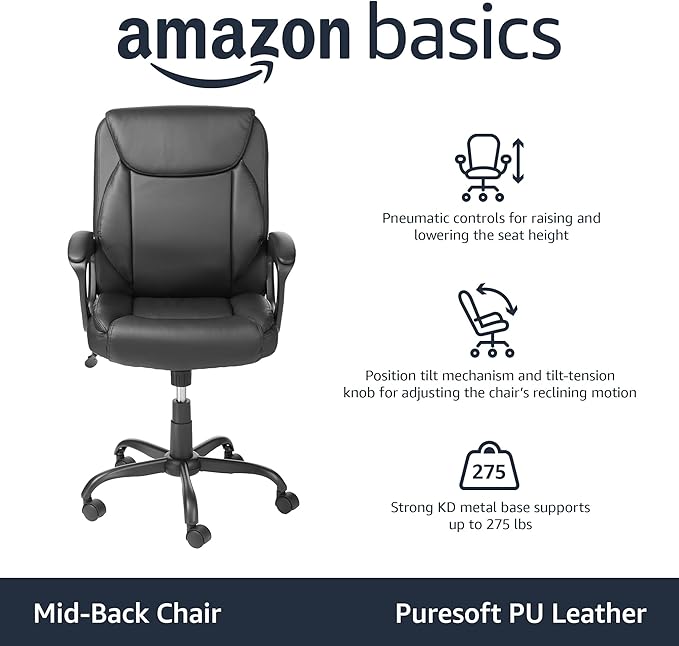 Amazon Basics Classic Puresoft PU Padded Mid-Back Height Adjustable Office Computer Desk Chair with Armrest, 26"D x 23.75"W x 42"H, Black-DeskLoop Office