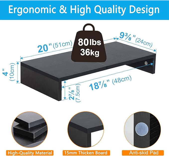 TEAMIX 20 Inch Monitor Stand Riser, Black Desktop Stand for PC/TV/Laptop/Printer, Wood Monitor Riser with Storage, Computer Stand Keyboard Organizer-DeskLoop Office