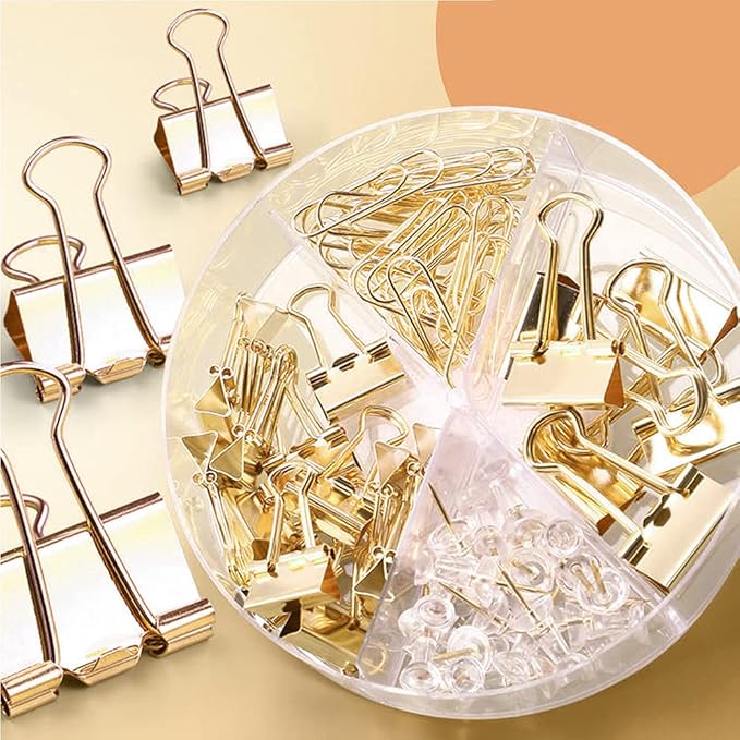 Paper Clips and Binder Clips Set, Metal Assorted Sized Binders with Push Pins, Cute Office Supplies for Desk, Desk Accessories (Gold Set of 3)-DeskLoop Office