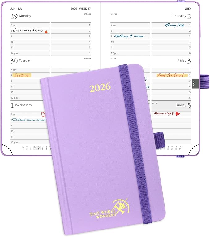 POPRUN 2026 Planner (Pocket Size 4''x 6.25'' Hardcover) - Small Calendar for Purse with Hourly Schedule & Vertical Weekly Layout, Monthly Calendars, 100 GSM - Violet-DeskLoop Office