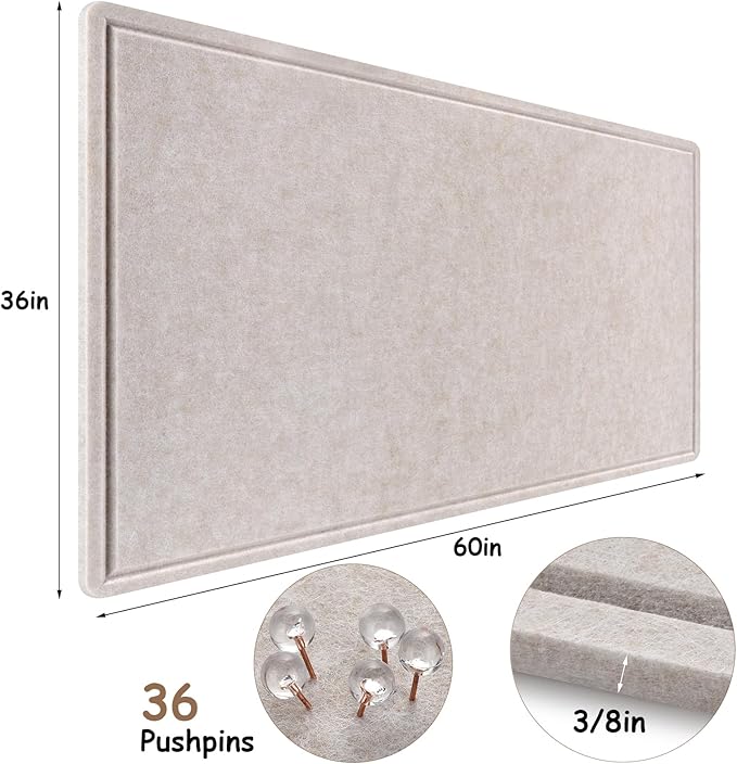 Large Bulletin Board, Foldable 60x36 Inches Cork Board Alternative, Large Felt Board Decorative Pin Board for Wall, Foldable Photo Board Self-Adhesive Vision Board with 36 Pushpins Light Khaki-DeskLoop Office