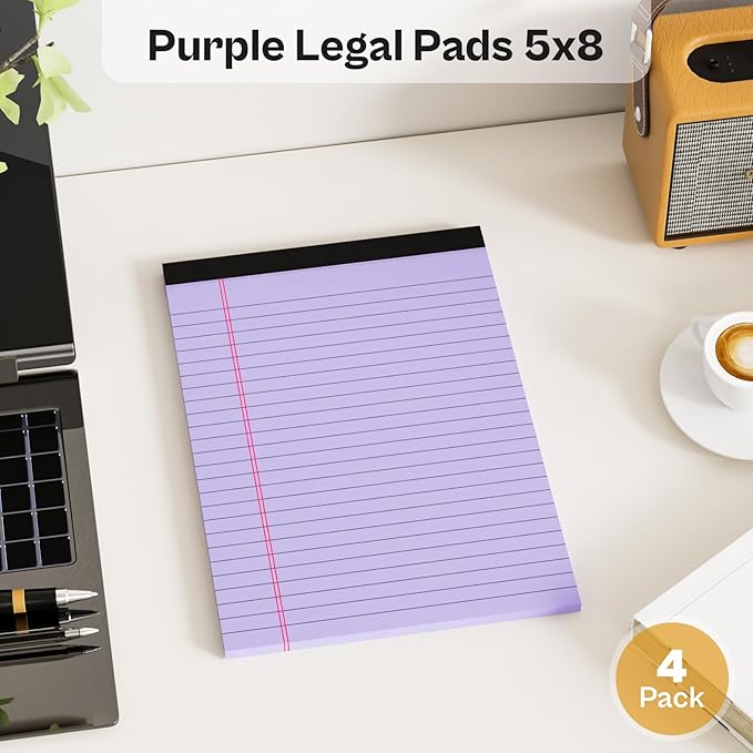 4 Pack Note Pads 5 x 8 Inch Purple Small Legal Pads 5 x 8 Colored Notepad 5 x 8 Perforated Writing Pads Lined Paper Pads College Ruled Pad Paper 30 Sheets Notebook for Study, To-Do Lists, Office-DeskLoop Office