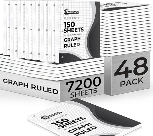 7200 Sheets Graph Paper Bulk, 48 Pack, Bulk Grid Paper, 4x4, 8" x 10.5", 3 Hole Punched, Quad Ruled Sheets, Thick Graphing Paper, Fights Ink Bleed, Bulk Loose Leaf Paper, Bulk School Supplies-DeskLoop Office