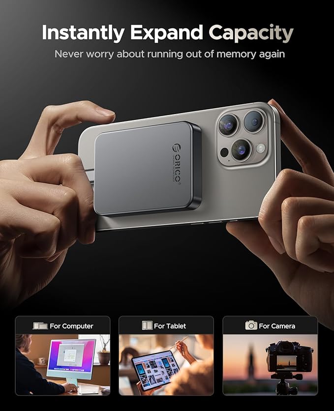 ORICO 512GB Magnetic Portable SSD, Metal Body, 4K 120 fps ProRes HDR Record and Store, Up to 460MB/s, USB C&A 2 in 1 Cable, External SSD Compatible with iPhone 16 Pro Max, Tablet, Computer - K5PLUS-DeskLoop Office