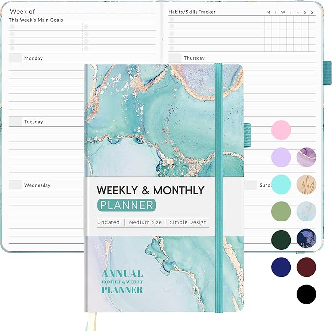 Undated Weekly Planner for 2025, Forvencer Simplified Weekly & Monthly Calendar Planner, Cute Daily Organizer Notebook, Agenda Journal to Track Goals & Tasks, Start Anytime, A5 Size, Teal Marble-DeskLoop Office