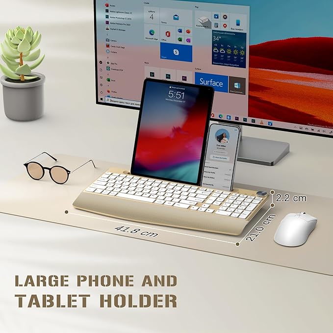 Ergonomic Wireless Keyboard and Mouse with Wrist Rest,Phone Holder - 2.4GHz Full-Sized Low-Profile Quiet Gold Wireless Mouse and Keyboard Combo for Computer, Laptop, PC, Mac-Gold