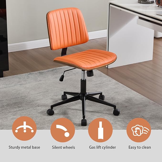 Small Home Office Chair - Armless Mid Back Desk Chair with 360° Swivel and Wheels, PU Upholstered Height Adjustable Modern Walnut Computer Chair for Home, Office Meeting Room - Orange-DeskLoop Office