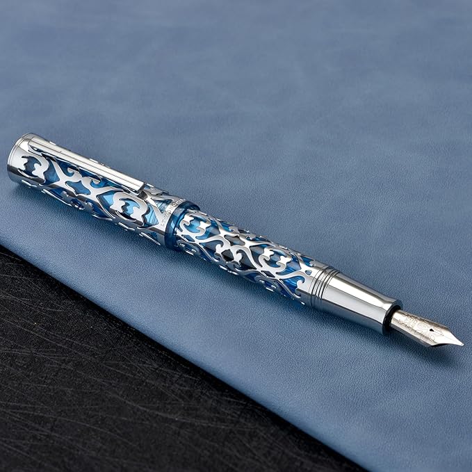 Hongdian D1 Piston Fountain Pen Fine Soft Nib, Silver Blue Hollow Skeleton & Resin Pen with Metal Case Set-DeskLoop Office