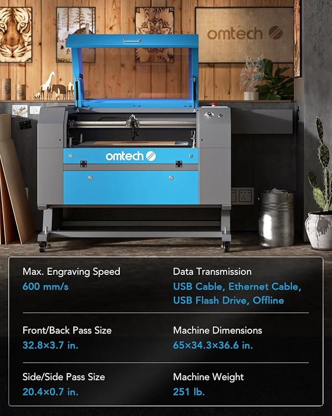 OMTech 100W CO2 Laser Engraver with LightBurn & Water Chiller, 20"x28" Laser Engraving Cutting Machine with 4 Way Pass Through Air Assist Wheels, Industrial Laser Cutter-DeskLoop Office