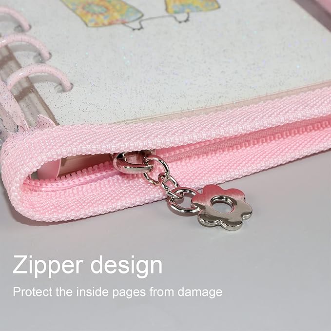 Multibey Pink A6 Binder Cover Clear Soft PVC 6-Ring Binder Budget Cash Evelopes System with Zipper Planner Organizer Refillable Notebook Journal Binder (Pink, A6)