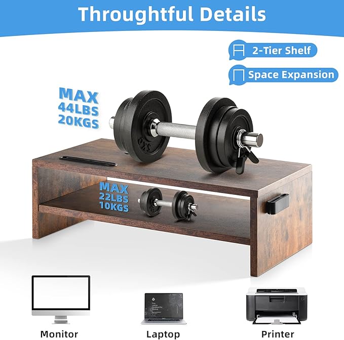 Marbrasse 16.5 Inch Monitor Stand, 2 Tier Computer Monitor Riser with Printer Shelf, Laptop Computer Screen Storage, Desktop Stand - Phone Holder & Cable Management (Vintage)-DeskLoop Office