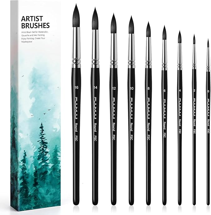Watercolor Brushes Professional, Fuumuui 9Pcs Synthetic Squirrel Paint Brush Set for Adults Round Pointed Detail to Mop for Watercolor Gouache Acrylic Ink Painting-DeskLoop Office