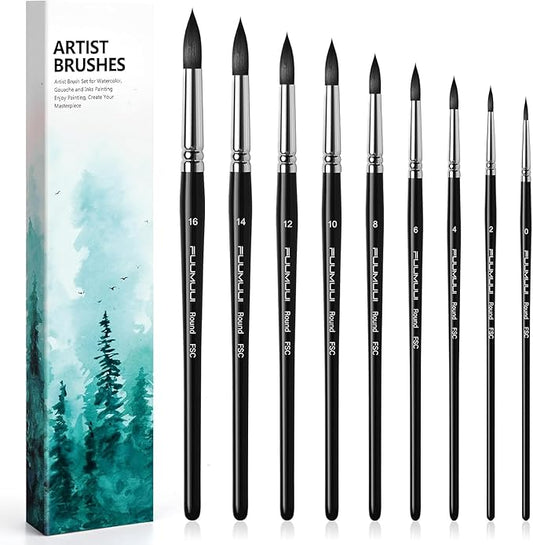 Watercolor Brushes Professional, Fuumuui 9Pcs Synthetic Squirrel Paint Brush Set for Adults Round Pointed Detail to Mop for Watercolor Gouache Acrylic Ink Painting-DeskLoop Office