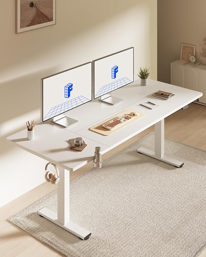 FLEXISPOT 71 x 32 Inch Large Standing Desk, Stand Up Desk with Splice Board, Rising Desks for Home Office, Office Desk with Cup Holder and Headphone Hook (White Frame + White Top, 2 Packages)-DeskLoop Office