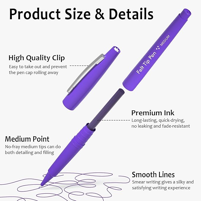 Lelix Felt Tip Pens, 30 Purple Pack, 0.7mm Medium Point, Felt Tip Markers Pens for Journaling, Writing, Note Taking, Planner, Perfect for School Office and Art Supplies-DeskLoop Office