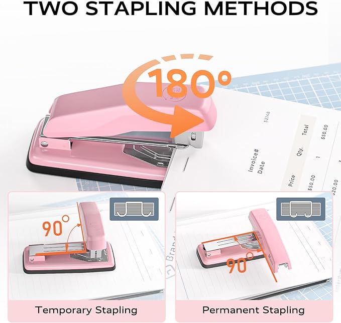 Desktop Stapler, Swing-Arm Swivel Stapler, 50 Sheet Capacity, 2000 Staples and Staple Remover, Rotatable Heavy Duty Staplers for Office, Home, Classroom, Booklet, Book Binding,Pink-DeskLoop Office