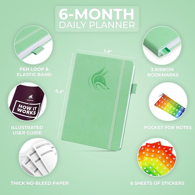 Clever Fox Daily Planner – Undated Planning Notebook with Hourly Schedule & To-Do List – Personal Day Task & Work Organizer, 6 Months (Mint)-DeskLoop Office