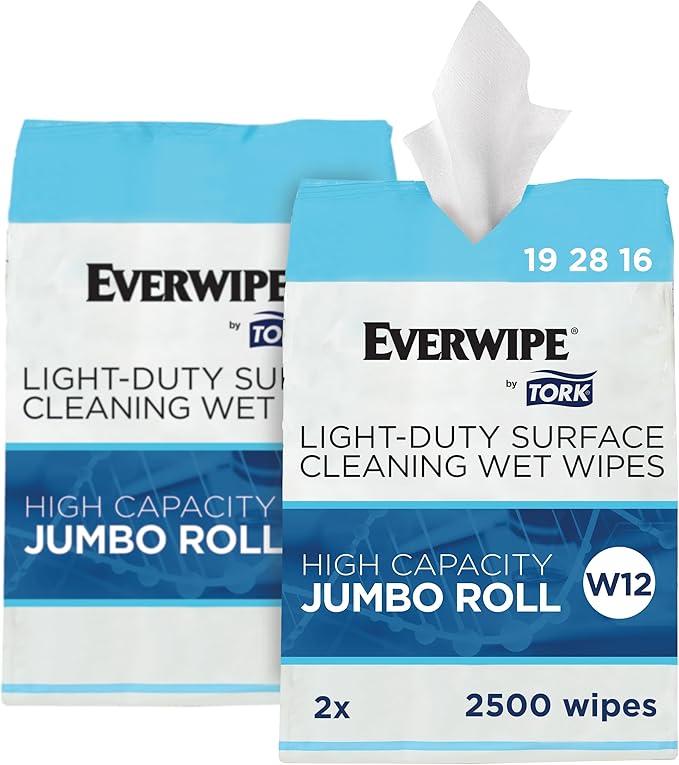 Everwipe by Tork Light-Duty Surface Cleaning Wet Wipe Jumbo Rolls White W12, Cleans and Deodorizes, 2 x 2500 wipes, 192816-DeskLoop Office
