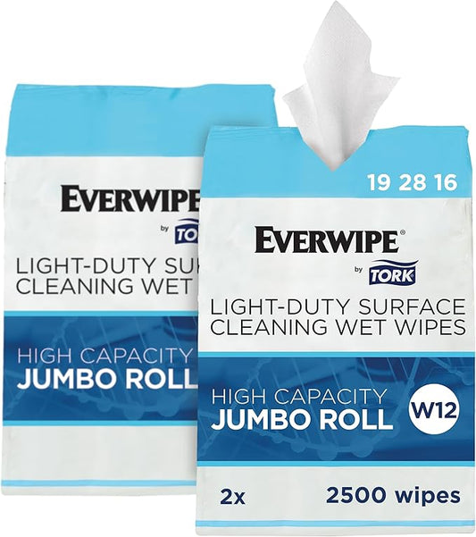 Everwipe by Tork Light-Duty Surface Cleaning Wet Wipe Jumbo Rolls White W12, Cleans and Deodorizes, 2 x 2500 wipes, 192816-DeskLoop Office