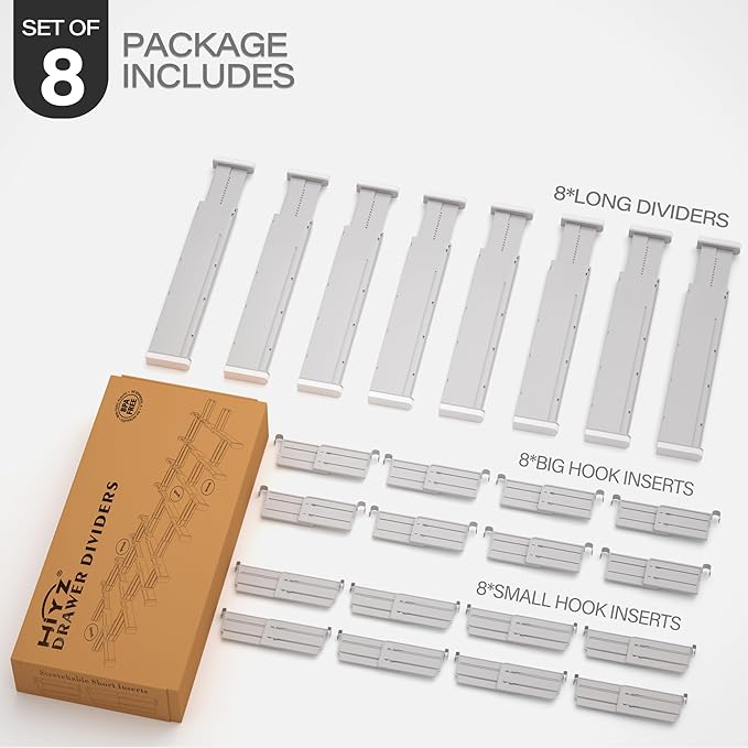 HiYZ Expandable Drawer Dividers with Inserts - Adjustable Drawer Organizers Separators for Kitchen, Bedroom, Dresser, Office, 8 Long Dividers(12.6-22.8 IN) with 16 Inserts(3.9-7.1 IN) - Gray-DeskLoop Office