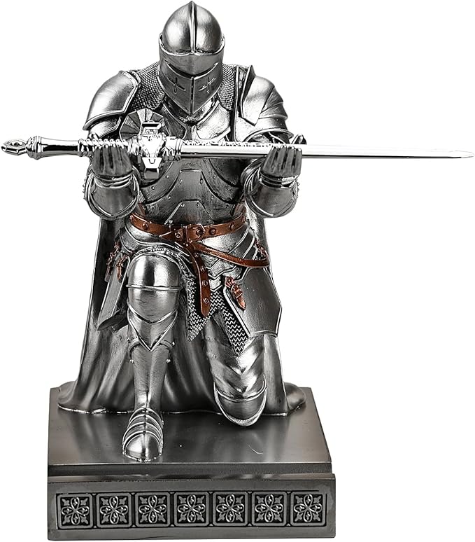 Medieval Armored Warrior Wearing Outerwear, Mobile Phone Stand Knight Pen Holder Desk Organizers, Resin Bookends Paperweight with a Letter Opener for Desk (Silver)-DeskLoop Office