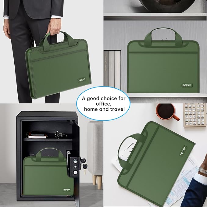 ENGPOW Accordion File Organizer,Fireproof Expanding File Folder with Multi Pockets,13 Pockets Document Organizer with Handle & Labels,Portable Home Travel Safe Storage for Letter A4 Files,Green-DeskLoop Office
