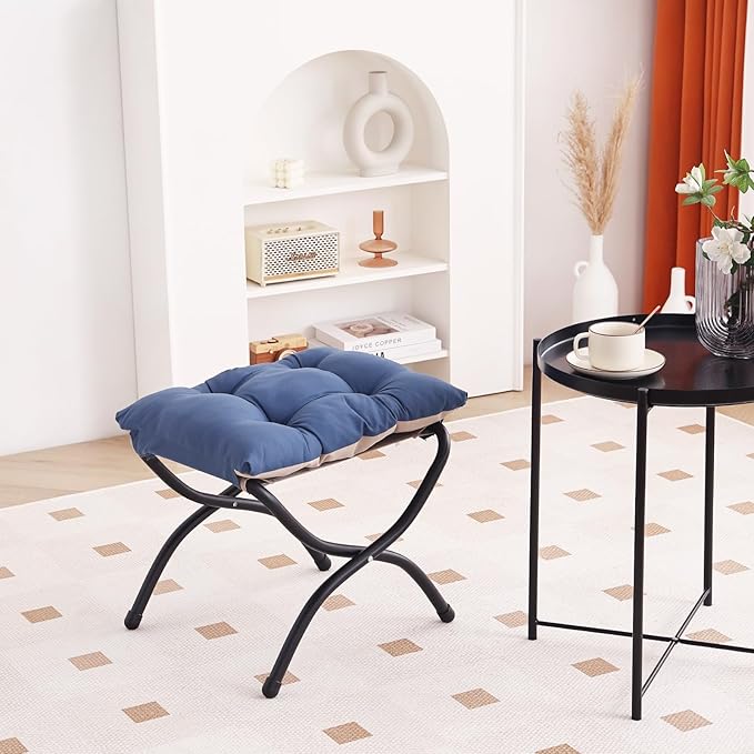 LITA Folding Upholstered Footrest Stool, Modern Small Portable Accent Ottoman with Detachable Thick Cotton Cushion Padded Sofa Stool with Metal Frame for Lazy Chair, Living Room & Bedroom, Royal Blue-DeskLoop Office