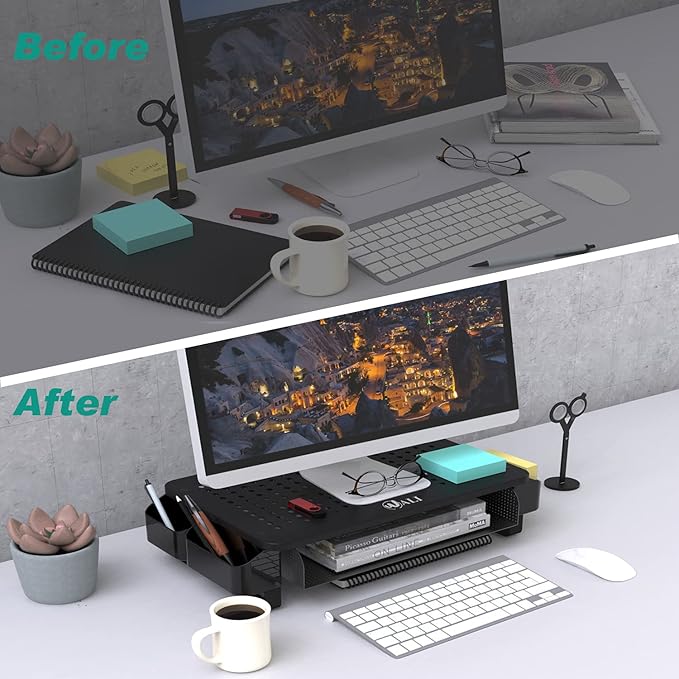 WALI Monitor Stand with Storage, Monitor Riser with Ventilation Drawer and Side Storage, Laptop Stand Riser for Desk, Printer Stands, (STT007), Black-DeskLoop Office
