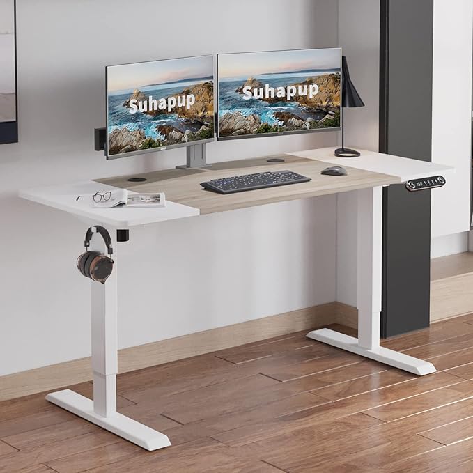 Electric Height Adjustable Standing Desk, 63 x 30inches Height Adjustable Computer Desk Sit Stand Desk Home Office Desks with Splice Board White Frame + White Top-DeskLoop Office