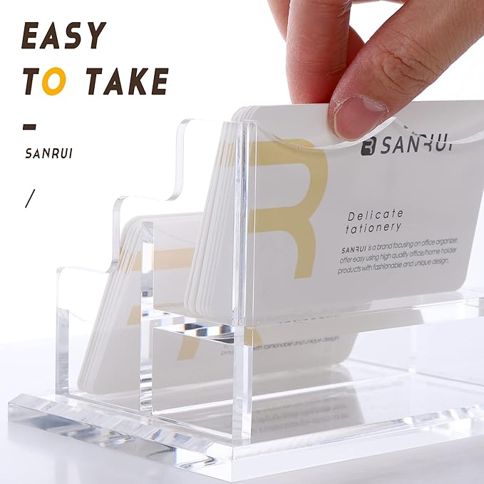 SANRUI Clear Horizontal Business Card Holder Stand for Desk, Acrylic Desktop Display Name Cards Holders Organizer Storage Rack,for Exhibition, Home , Office ,2 Tier 2 Pocket , 120 Card Capacity-DeskLoop Office