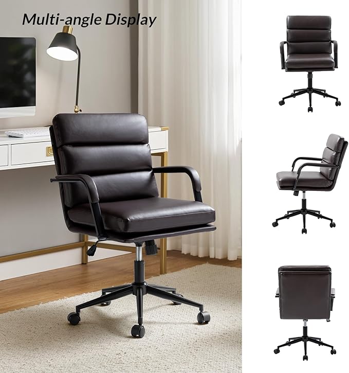 HULALA HOME Modern Faux Leather Home Office Chair with Tilt Lock & Metal Base, Desk Chair with Wheels & Padded Cushion, 360° Swivel Wide Seat Computer Task Chair, Brown-DeskLoop Office