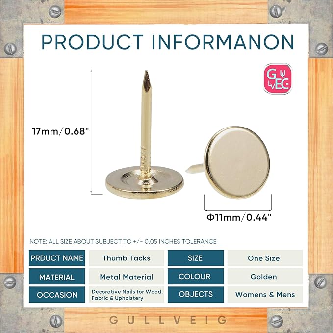 Gullveig Golden Push Pins and Thumb Tacks: Heavy Duty Flat Upholstery, Long Carpet Tacks, and Decorative Nails for Wood and Fabric, 50 Count-DeskLoop Office