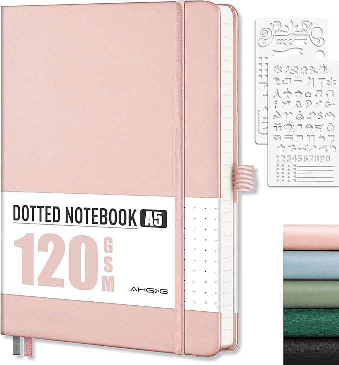 AHGXG Bullet Dotted Journal - Dot Grid Notebook Journal, 120 GSM Thick Acid-Free Paper, A5 Dotted Notebook 160 Pages, Leather Hardcover, Inner Pocket, Journal Stencil, 5.7'' × 8.3'' - Rose Gold-DeskLoop Office