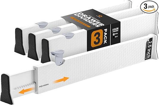 RAPTUROUS Adjustable Drawer Dividers, 2.5" Tall, Expandable 13-22", 3-Pack, Non-Slip for Dresser, Closet, Kitchen, Nursery, and Office (White)-DeskLoop Office