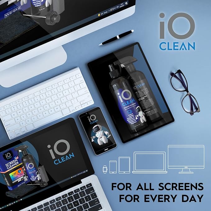 Screen Cleaner Spray (16oz - 473ml) – Best Large Cleaning Kit for LCD LED OLED TV, Smartphone, iPad, Laptop, Touchscreen, Computer Monitor, Electronic Devices, Microfiber Cloth Wipes and 2 Nozzles-DeskLoop Office