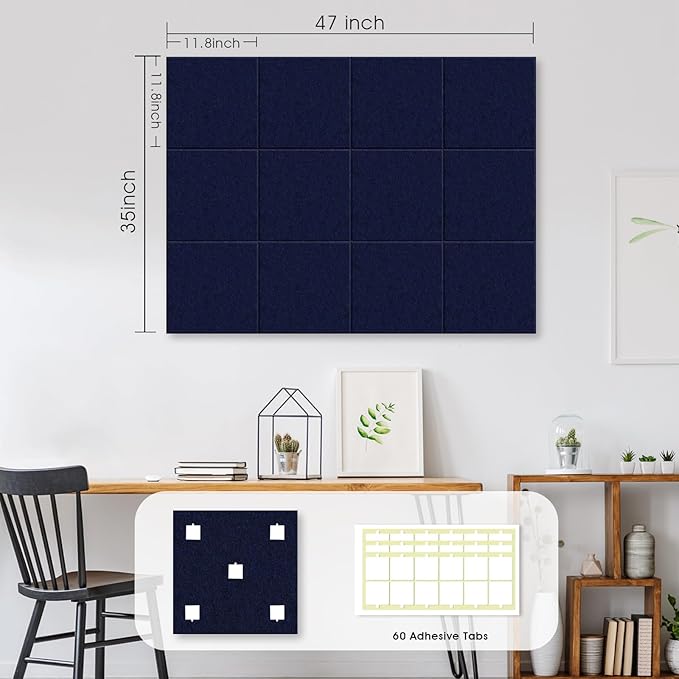 Large Cork Board for Office Wall Decor,48"x36"-12 Pack Felt Wall Tiles with 35 Push Pins, Thicker 0.47in, Felt Bulletin Board Pin Board Cork Boards for Walls - Dark Blue-DeskLoop Office