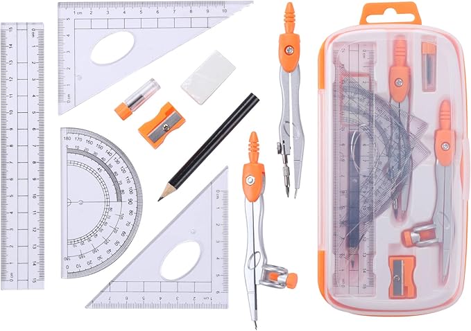 Math Geometry Kit Sets 10 Piece Student Supplies with Shatterproof Storage Box,Includes Rulers,Protractor,Compass,Eraser,Pencil Sharpener,Lead Refills,Pencil,for Drafting and Drawings(Orange)