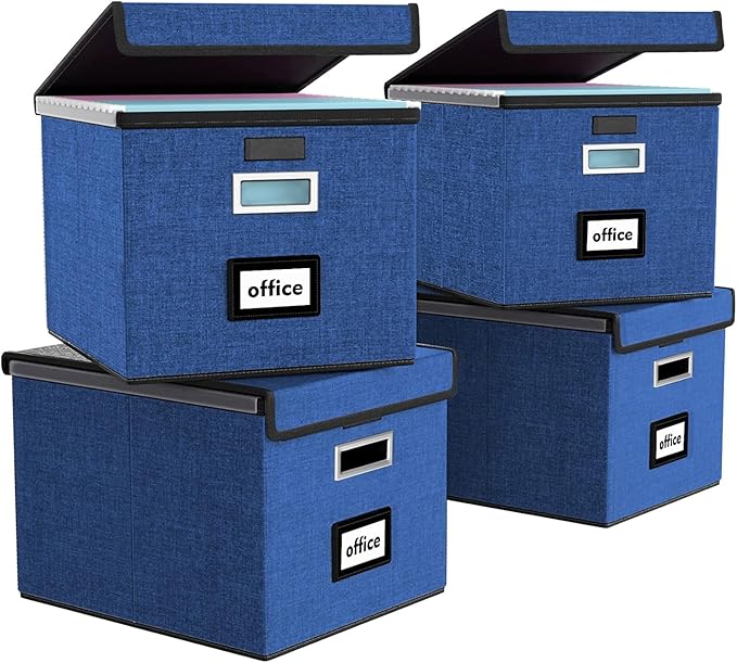 Huolewa Decorative File Organizer Boxes Office Document Storage with Lids, Portable Collapsible Linen Hanging Filing & Storage Boxes for Office/Decor/Home (Royal Blue) -14.9 x 12.7 x 10.8 inch -4 Pack-DeskLoop Office