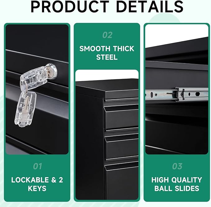 Letaya 3 Drawer Mobile File Cabinet with Lock, Under Desk Metal Rolling Filing Cabinets for Home Office Organizer Letters/Legal/A4 (Black- Requires Installation) (Black)-DeskLoop Office