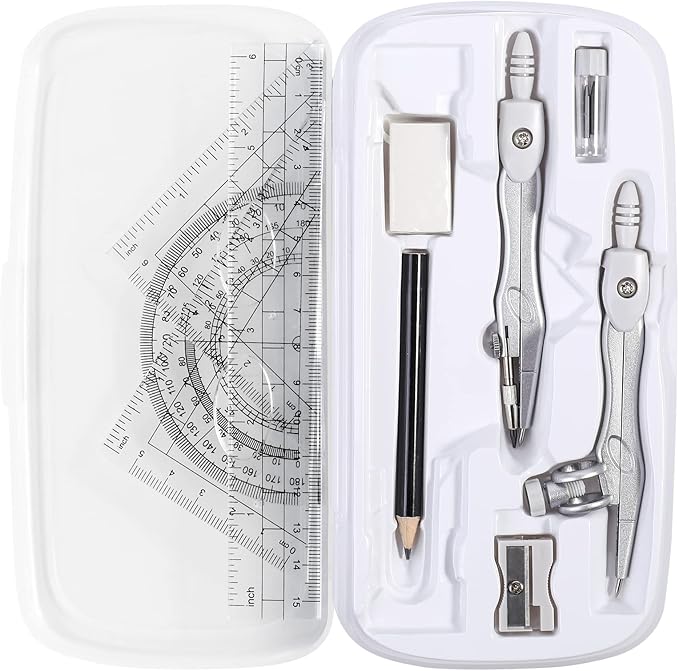 Math Geometry Kit Sets 10 Piece Student Supplies with Shatterproof Storage Box,Includes Rulers,Protractor,Compass,Eraser,Pencil Sharpener,Lead Refills,Pencil,for Drafting(White)