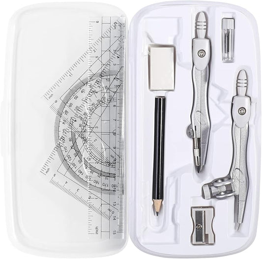 Math Geometry Kit Sets 10 Piece Student Supplies with Shatterproof Storage Box,Includes Rulers,Protractor,Compass,Eraser,Pencil Sharpener,Lead Refills,Pencil,for Drafting(White)-DeskLoop Office