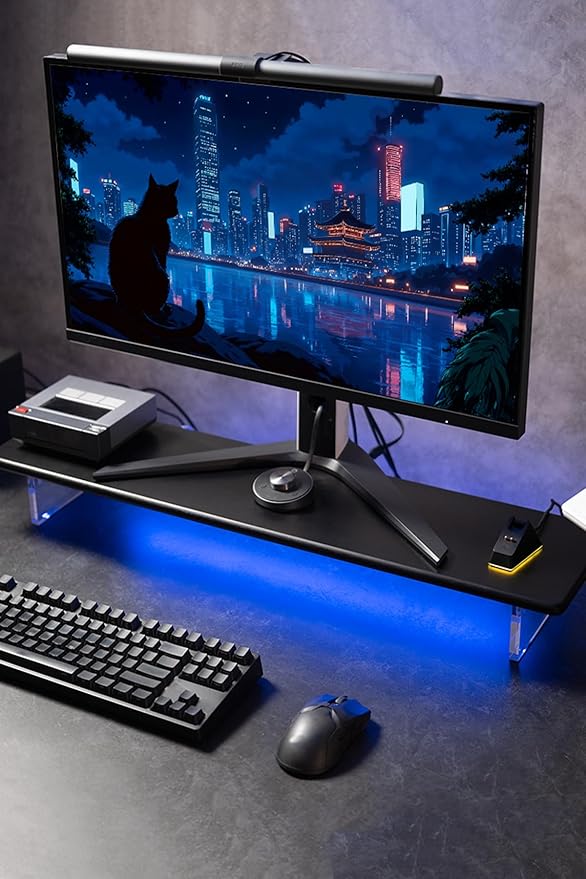 Bamboo Monitor Stand Riser with RGB Lights,31.5 Inches Desktop Shelf with Acrylic Legs Supports for Desk, PC Computer Monitor, Laptops, Printer, Speakers (Black)-DeskLoop Office