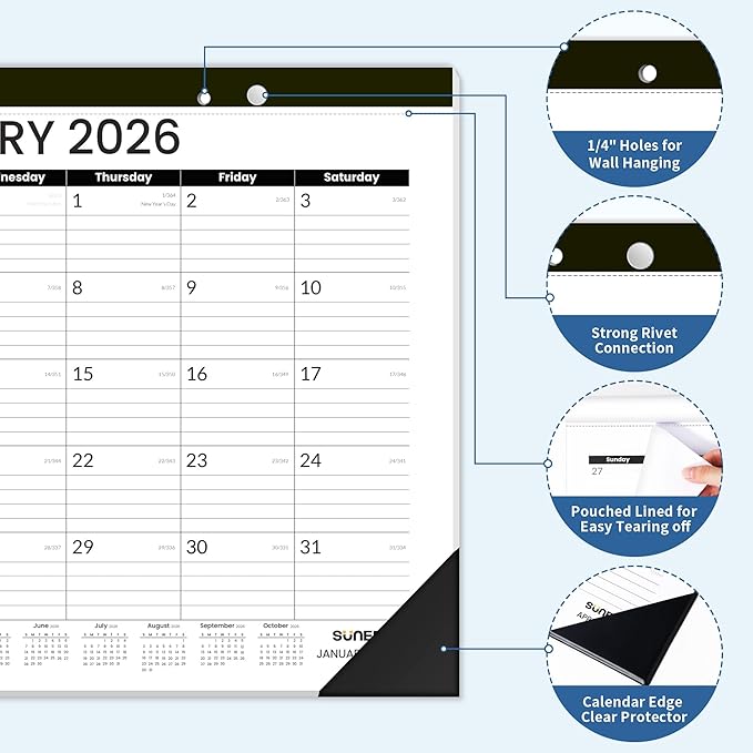 SUNEE Desk Calendar 2025-2026 17x12, 18 Months, JUL. 2025 - DEC. 2026, Academic Desk Blotter Calendar 2025-2026, School Year Large Calendar for Teacher, Black-DeskLoop Office