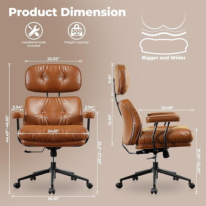 ovios Home Office Chair, Mid-Century Modern Faux PU Leather Chairs with Lumbar Support Comfy Thick Cushion, High Back Ergonomic Swivel Rolling Executive Armchair (Brown, PU Leather)-DeskLoop Office