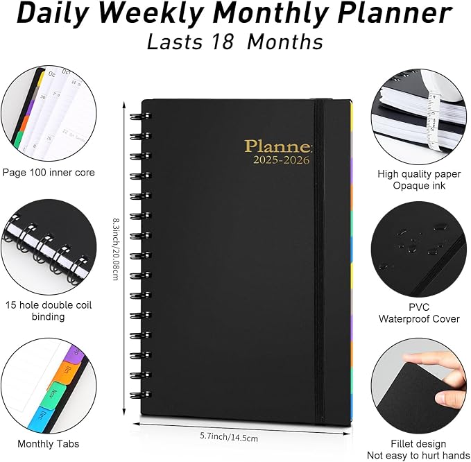Daily Planner 2025-2026, July 2025 - December 2026, Yearly Monthly Weekly Daily Academic Calendar Planner, 18 Month with Tabs, Time Management Manual, 100GSM Thick Paper, A5 Size, Black-DeskLoop Office