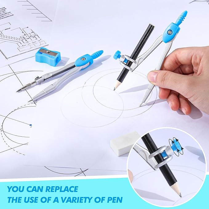 Zonon Math Geometry Set 10 Pcs Student Supplies with Shatterproof Storage Box, Includes Rulers Protractor Compass Pencil Sharpener Lead Refills Eraser Pencil for Drafting and Drawings(Blue)-DeskLoop Office